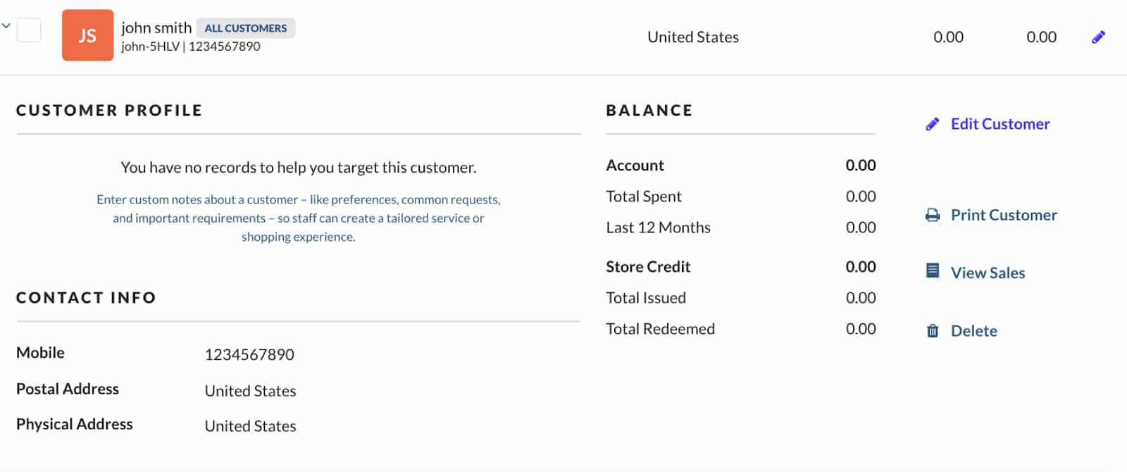 Vend's customer profile information like activity, personal information, and store credit status.