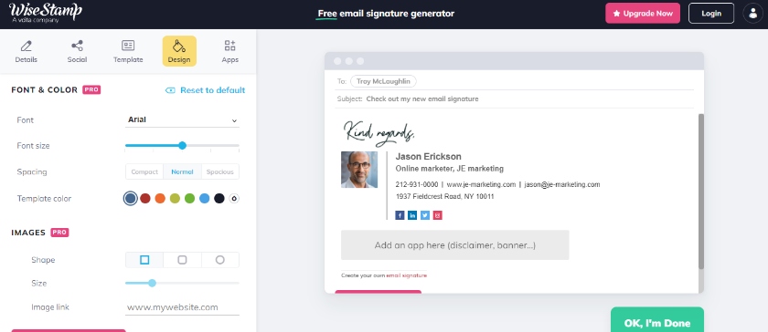 Customize the design of the email signature template in WiseStamp.