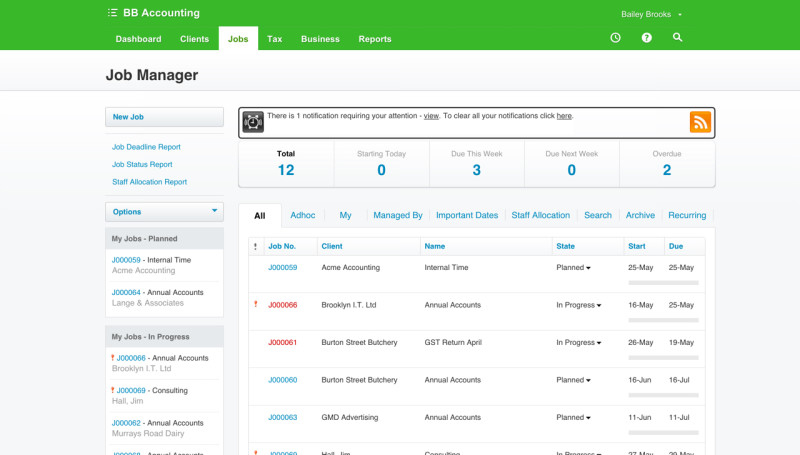Sample image of Xero Practice Manager’s Job Management Dashboard.
