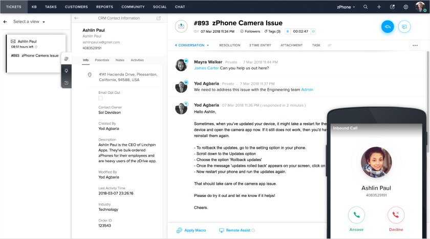 Zoho Desk's call feature with the existing ticket.