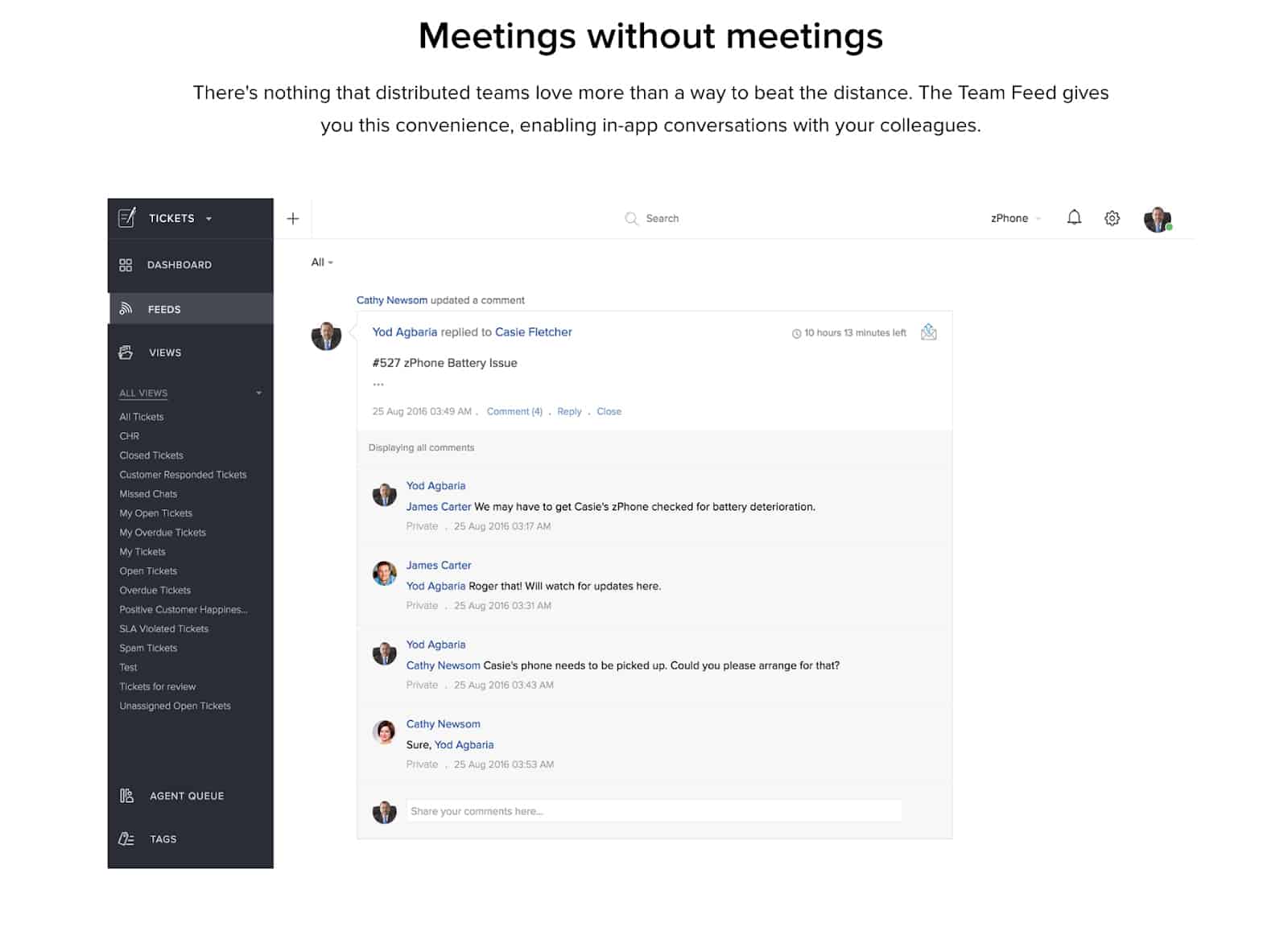 Zoho Desk team collaboration feed.