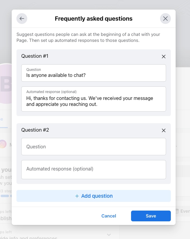 Facebook's option to add frequently asked questions.
