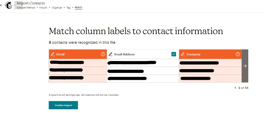Contact list columns when importing an audience into Mailchimp.