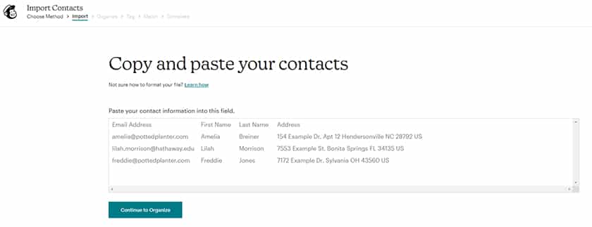 Manual adding of contacts to Mailchimp.