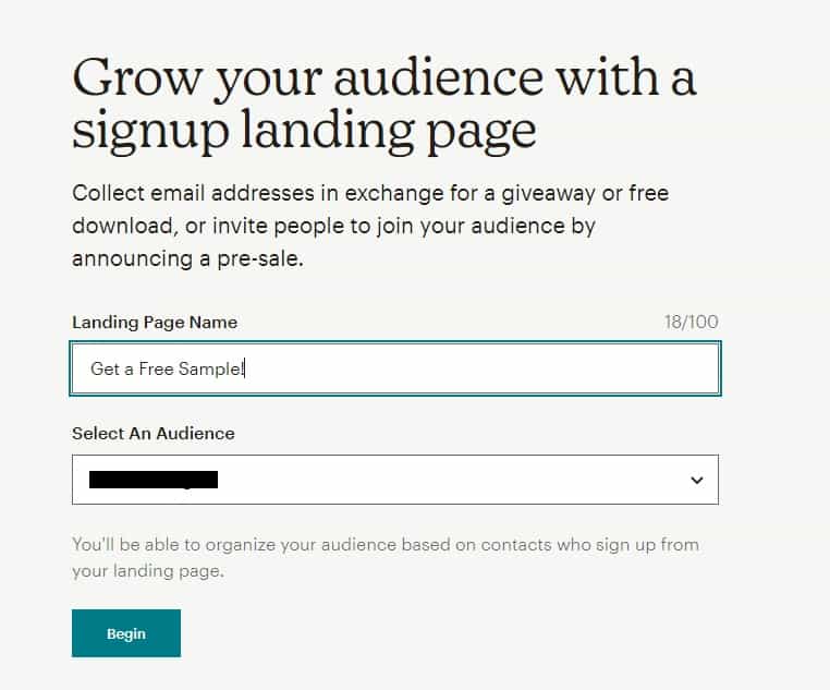 Creating landing page in Mailchimp.