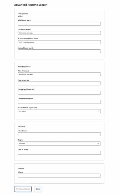 Showing an advanced resume search example of Indeed.