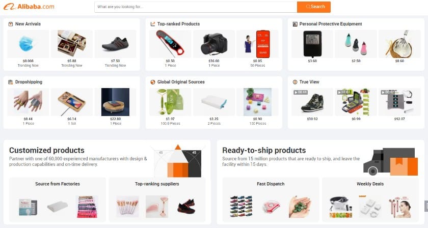 Showing Alibaba products page.