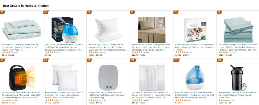Showing Amazon's best sellers list ranks products by sales and popularity.