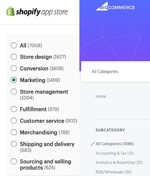 Showing how both Shopify and BigCommerce have organized categories.