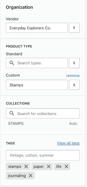 Categorizing products are easier with Shopify smart tags.
