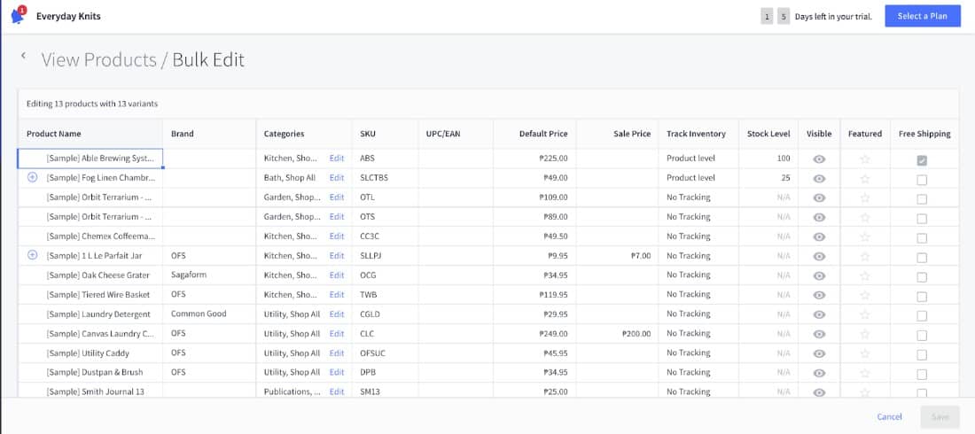 Editing stock inventory levels for BigCommerce in bulk.