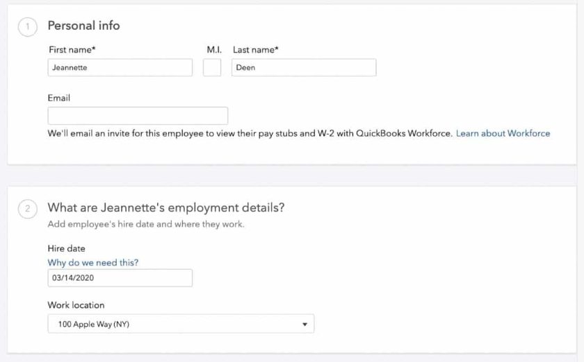 Entering personal info and other details in QuickBooks.