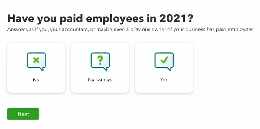 Showing have you paid employees in 2021 question.