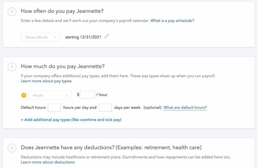 Showing how often and how much do you pay an employee sections.