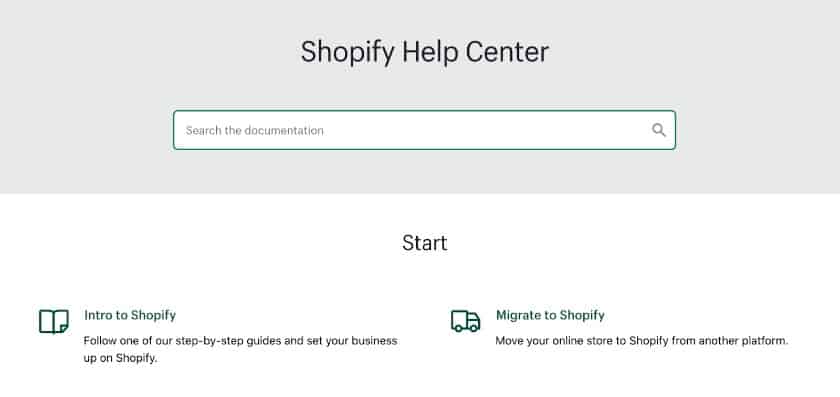 Shopify's help center different categoriees.