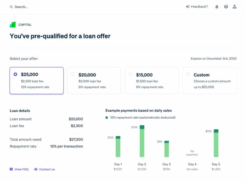 Showing how Stripe Capital lets you borrow against future sales.