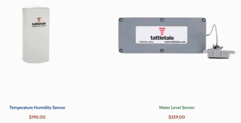 Showing Tattletale environmental sensors and prices.