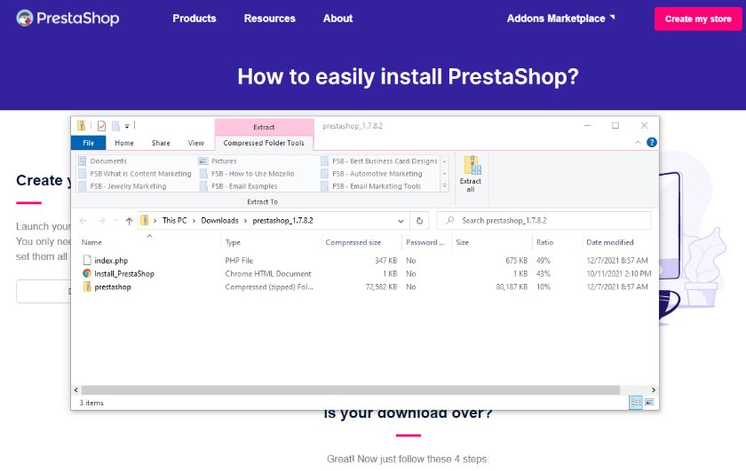 Showing the three files you get when you download Prestashop.