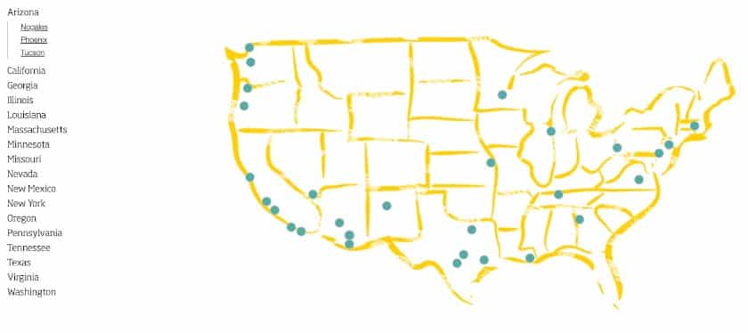 Showing a map of used clothing store buffalo exchange locations across the US.