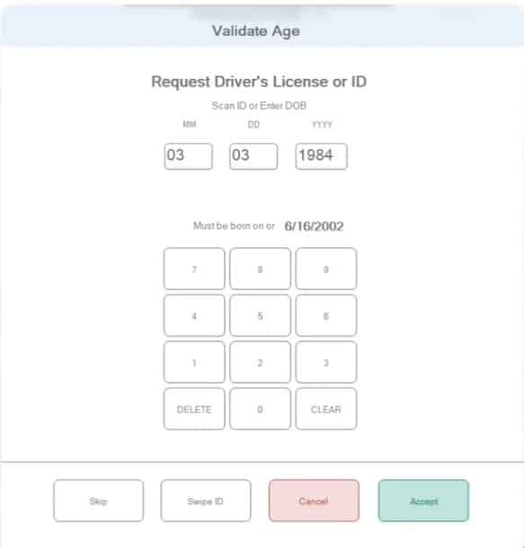 POS Nation prompts for birthdate entry and ID scans for age-restricted product sales.