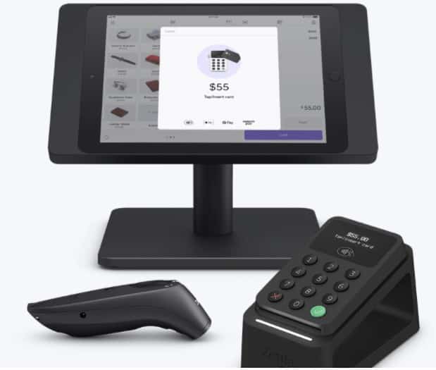 Showing Zettle's iPad, stand, barcode scanner and card reader.