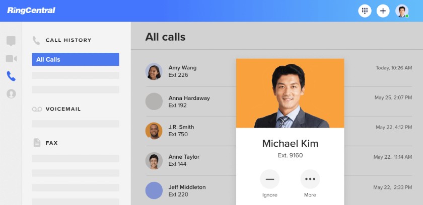 RingCentral MVP's call history and dialing interface.