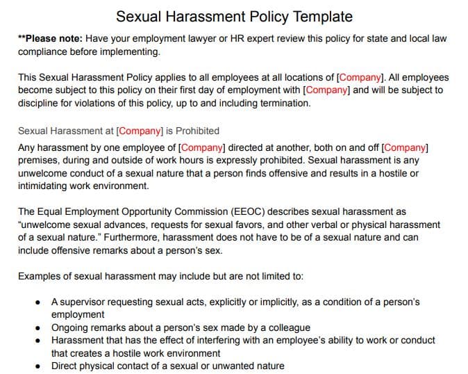 Sexual Harassment Policy Template