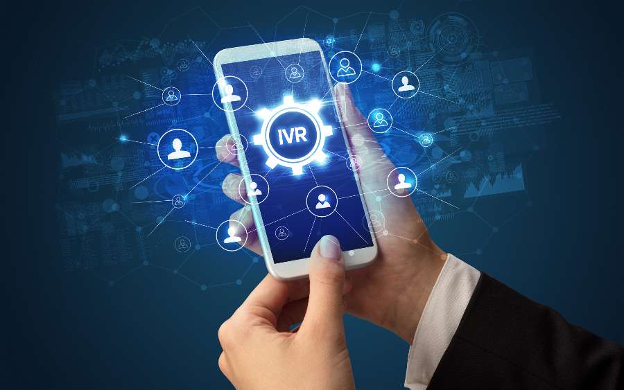 Hands holding a smartphone with IVR on the screen.