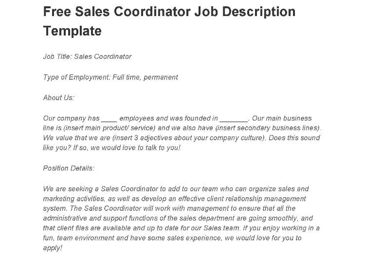 Showing free sales coordinator job description template thumbail.