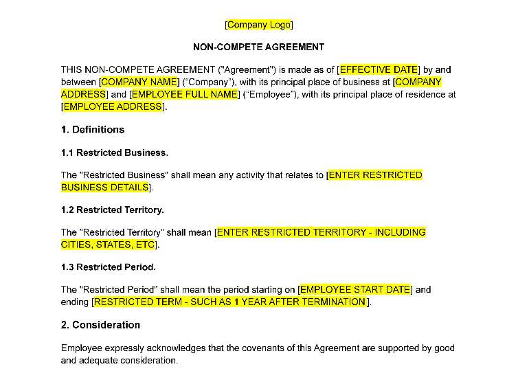Showing non-compete agreement sample template thumbnail.
