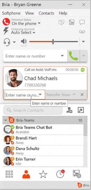 Transfer calls by entering the name or number into your Counterpath Bria softphone app.