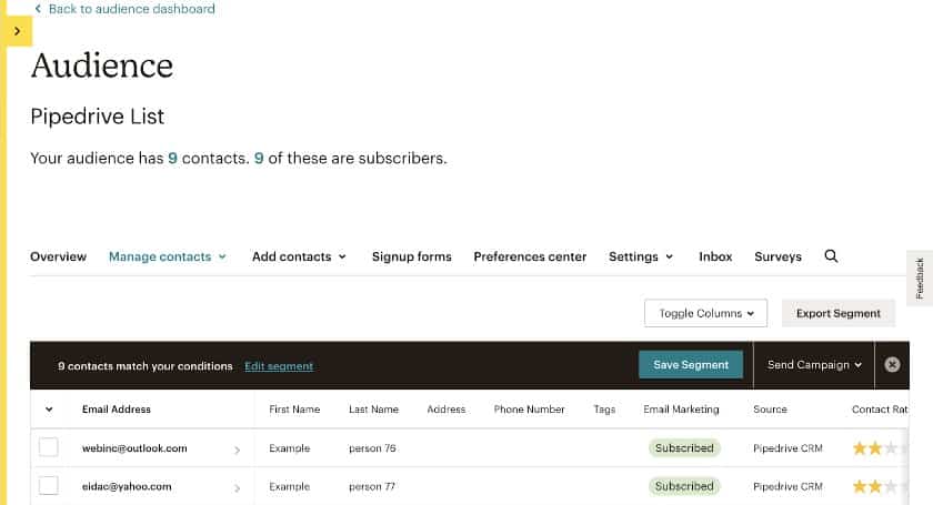 Viewing Pipedrive contacts in Mailchimp.