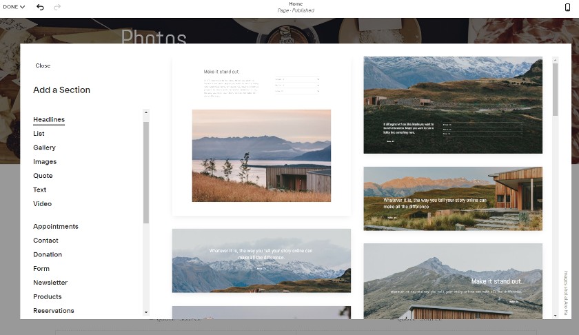 Adding prebuilt sections in Squarespace