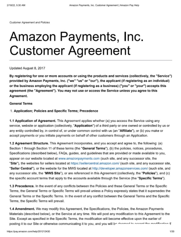 Amazon Pay Customer Agreement preview image.