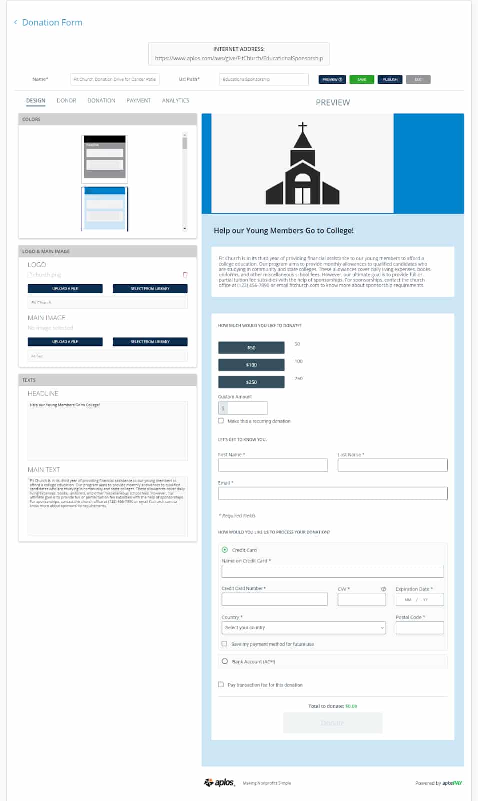 Example of Aplos Online Donation Form Builder.