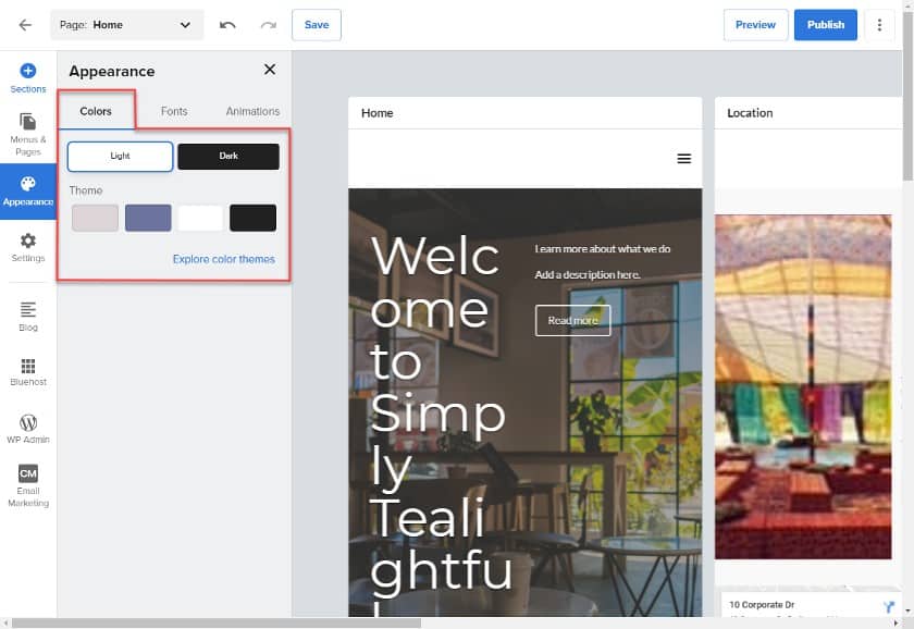 Bluehost WordPress appearance settings