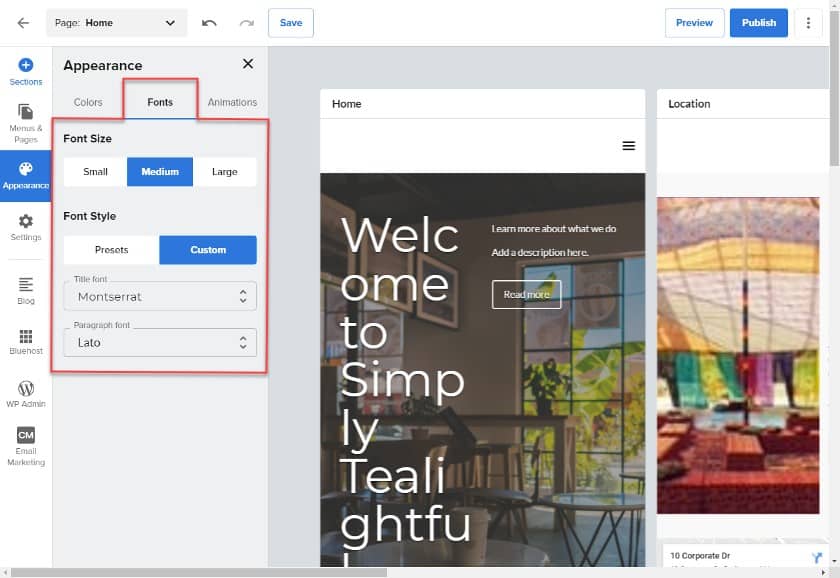 Bluehost WordPress appearance settings for fonts