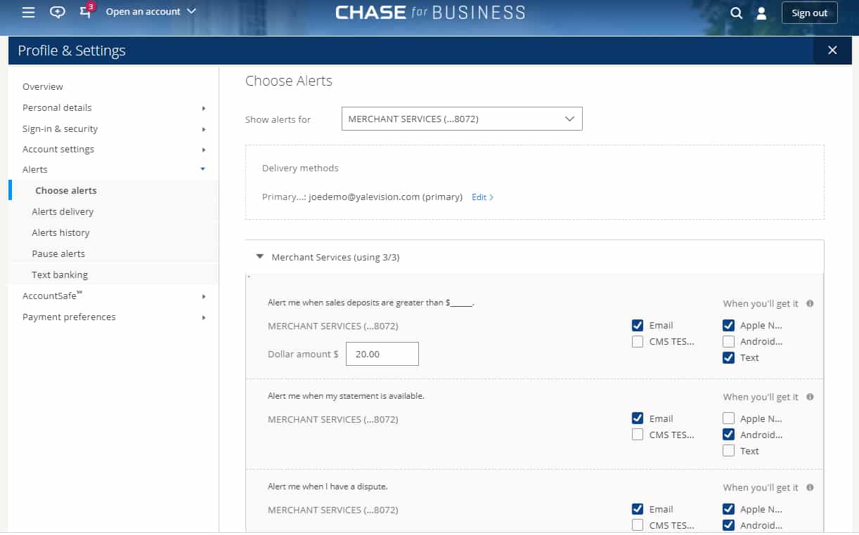 Chase Payment Solutions alert settings.