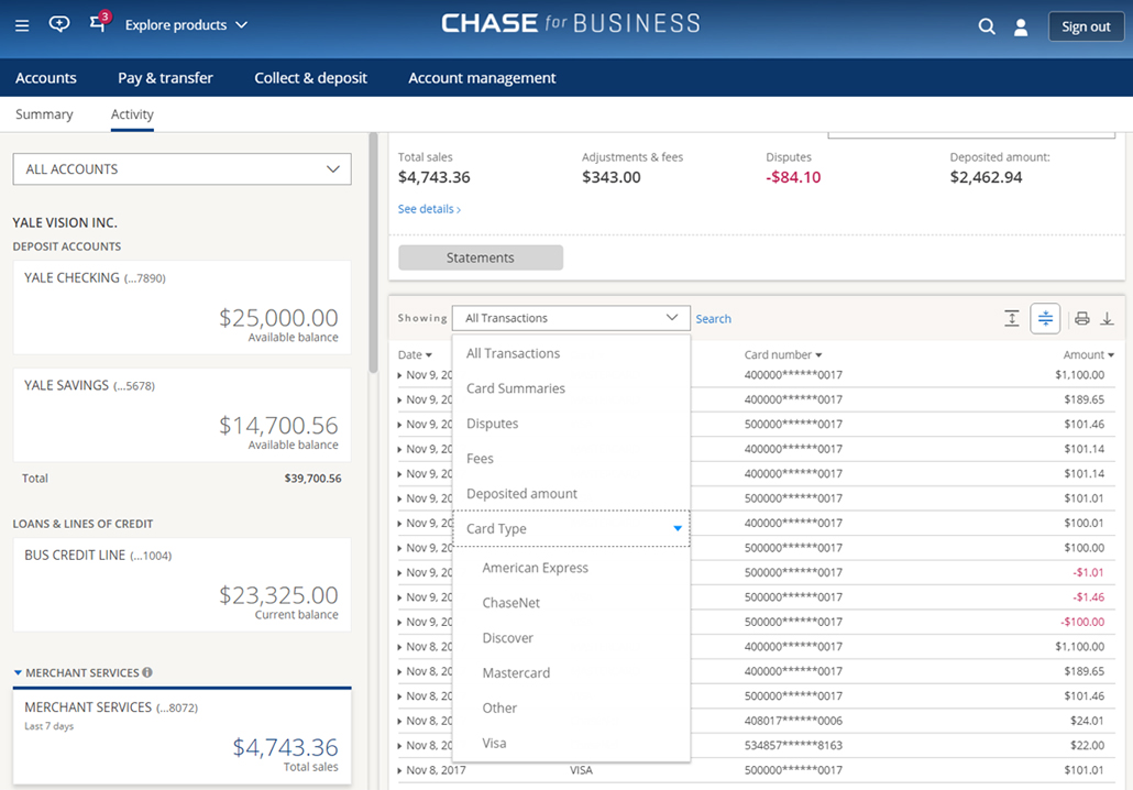 Sales overview and filtered list from Chase Payment Solutions.