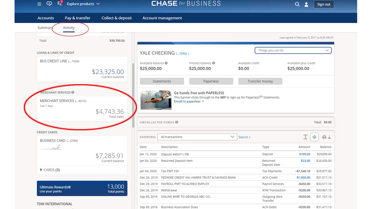 Chase Payment Solutions detailed activity view.