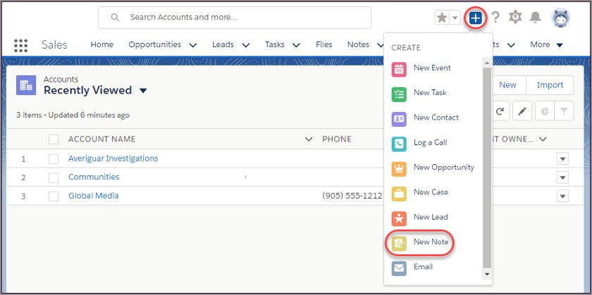 Create new note in Salesforce