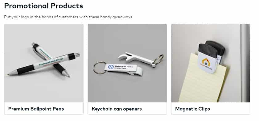 Promotional products like pens, keychain and magnetic clips.
