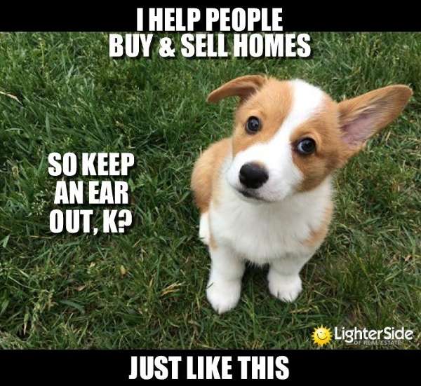 Meme with text saying, "I help people buy and sell homes, so keep an ear out."