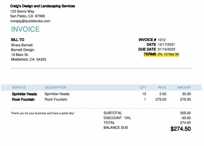 Example of invoice with early payment discount terms.