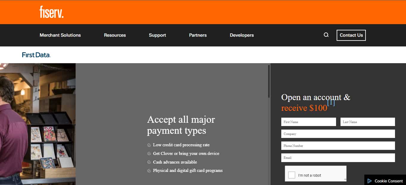 Home page of Fiserv with sign up form for merchant account.