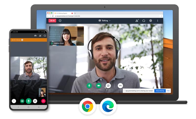 Two people doing a video conferencing in phone and desktop.