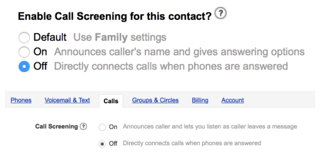 Google Voice contact-specific call screening rules