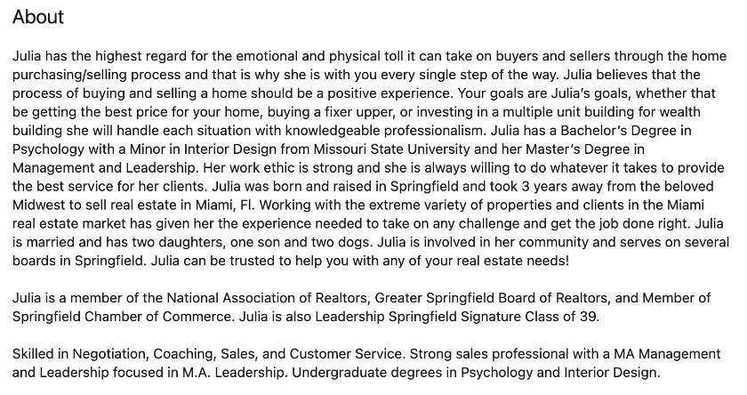 Julia Henson LinkedIn bio about section