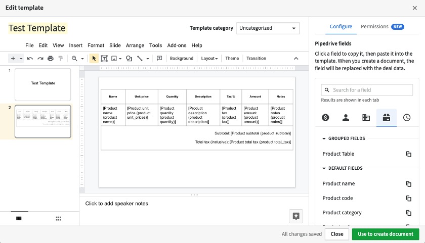 Pipedrive SmartDocs feature to store share and customize templates.