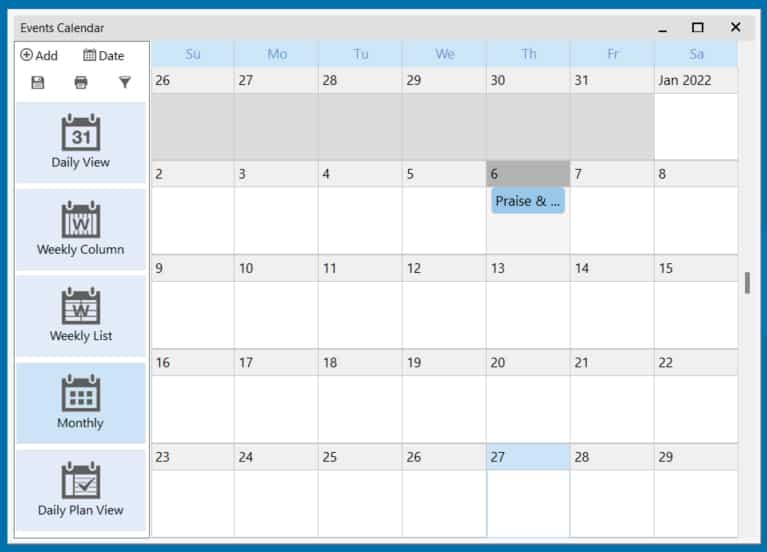 PowerChurch Plus sample event calendar.